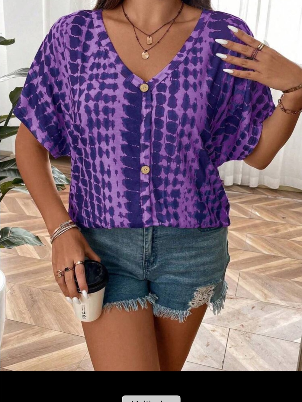V-Neck Purple Tie-Dye Button Front Women’s Top - Picture 4 of 5